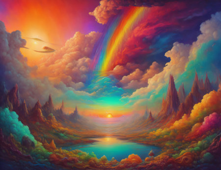Escape to Reality. Abstract arrangement of surreal sunset sunrise colors and textures on the subject of landscape painting, imagination, creativity and art. Created with generative AI toolsの素材