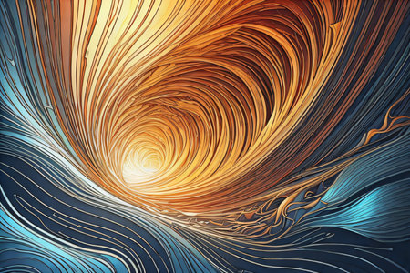 Graphic illustration showcasing an interplay of shapes on a multicolored background, symbolic of space, light, and energy. Created with generative AI toolsの素材