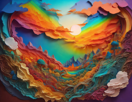 abstract array of colors and textures from surreal sunrise or sunset, suggesting themes of landscape painting, creativity, and artistic imagination. Created with generative AI toolsの素材