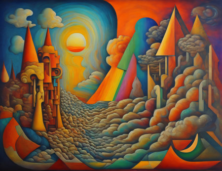 Picture interpreting the surreal essence of sunrise or sunset through an abstract array of colors and textures, indicative of landscape art, creativity, imagination. Created with generative AI toolsの素材