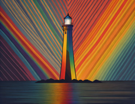 Picture illustrating a lighthouse emanating rainbow light, embodying concepts of hope, joy, and diversity.の素材