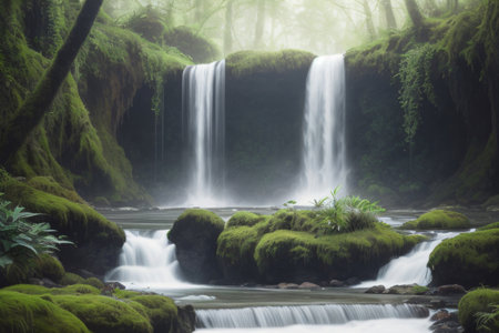 Picturesque waterfall and lake in an old mossy forest, landscape. Created with generative AI toolsの素材