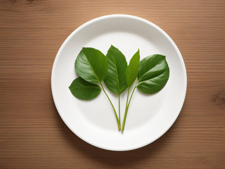 A few green leaves in a white plate that stands on a wooden table, top view. The concept of environmentally friendly healthy food. Created with generative AI toolsの素材