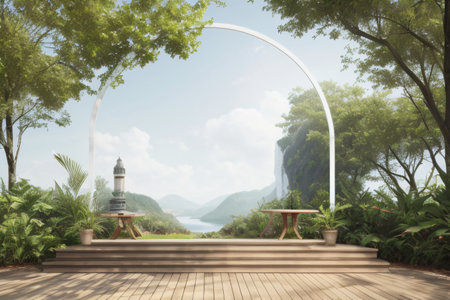A picture depicting a scenic landscape with a special podium designed for displaying merchandise, offering an ideal advertising space. Created with generative AI toolsの素材