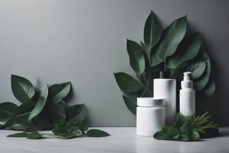 A high-resolution photograph showcasing a template podium mockup, framed by vibrant green leaves for organic cosmetic product advertisement. Created with generative AI toolsの素材