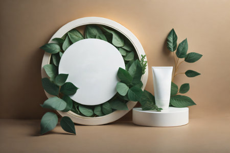 A picture illustrating a white podium mockup template, encircled by fresh green foliage, ideal for presenting natural organic cosmetic products. Created with generative AI toolsの素材
