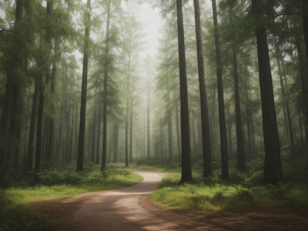 A photograph featuring a dirt track in a forested landscape enveloped in mist. Created with generative AI toolsの素材