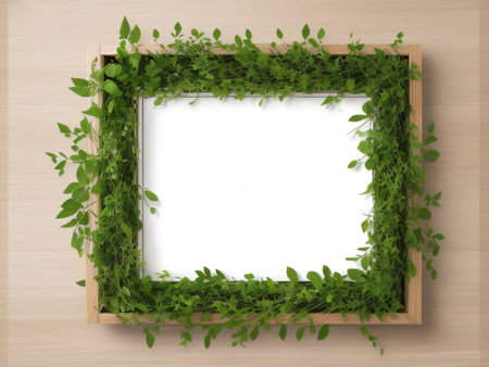 A graphic of a white template mockup, suitable for organic product presentations, paired with green leaves and a minimalist flat lay background. Created with generative AI toolsの素材