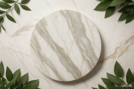 white template mockup, paired with vibrant green leaves for organic product advertisement, set against a stylish minimalist flat lay backdrop. Created with generative AI toolsの素材