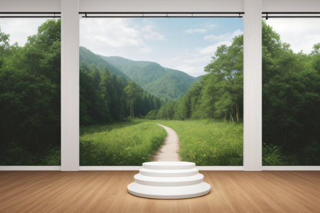 Landscape and podium setup suitable for presenting goods, providing an ideal backdrop for advertising campaigns. Created with generative AI toolsの素材