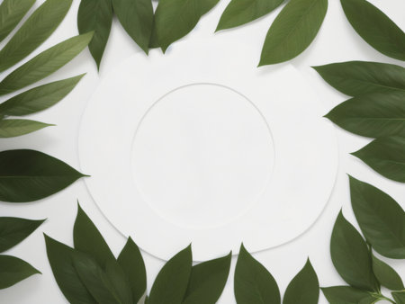 A high-quality image of a white template mockup, adorned with fresh green leaves for natural product advertisement, on a contemporary minimalist flat lay backdrop. Created with generative AI toolsの素材