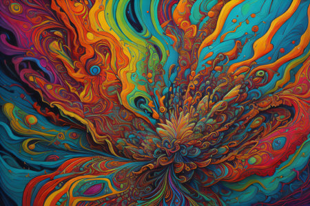 Visual illustration of fractal paint interacting with rich textures, indicative of ideas related to imagination, artistic creativity, and the realm of art. Created with generative AI toolsの素材