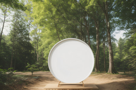 High-quality photograph capturing a landscape and a podium designed for merchandise display, catering to advertising needs. Created with generative AI toolsの素材