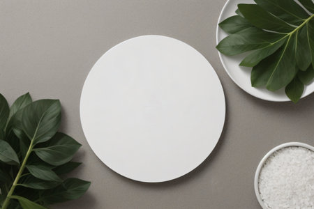 white template mockup, accompanied by fresh green leaves for natural organic product presentation, on a contemporary, minimalist flat lay background. Created with generative AI toolsの素材