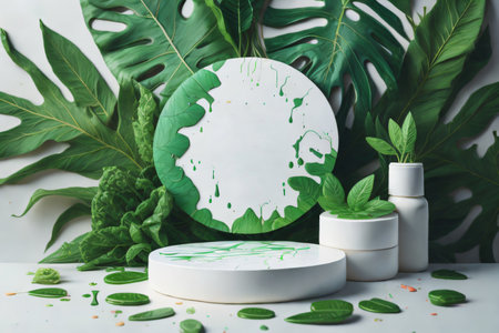Visual representation of a white round podium template mockup nestled among fresh green leaves, designed for organic cosmetic product presentations. Created with generative AI toolsの素材