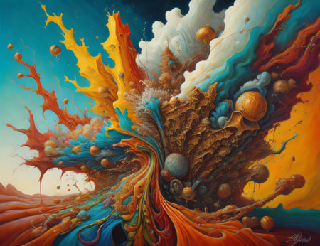 Image portraying an interplay of fractal paint and textured elements, symbolic of ideas related to imaginative exploration, creativity, and art. Created with generative AI toolsの素材