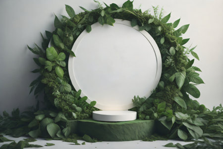 High-resolution image of a white, round podium mockup, surrounded by fresh green leaves, suitable for natural cosmetic product presentations. Created with generative AI toolsの素材