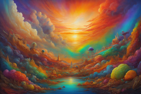 Illustration featuring surreal hues and textures of sunrise or sunset, suggesting themes of landscape painting, imagination, creativity, and art. Created with generative AI toolsの素材