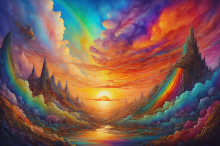 Illustration featuring surreal hues and textures of sunrise or sunset, suggesting themes of landscape painting, imagination, creativity, and art. Created with generative AI toolsの素材