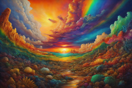 surreal sunset or sunrise scene showcasing a unique blend of colors and textures, connected to the realm of landscape art, creativity, and imagination. Created with generative AI toolsの素材