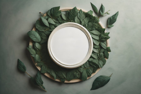 white template mockup, adorned with fresh green leaves for natural product presentation, set on a stylish minimalist flat lay backdrop. Created with generative AI toolsの素材