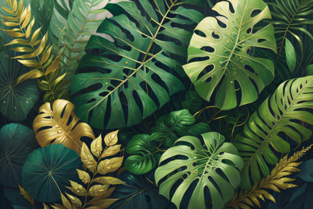 Visual depiction of a floral arrangement composed of tropical green leaves from plants like Monstera, fern, and Eucalyptus, accented with gold glitter particles. Created with generative AI toolsの素材