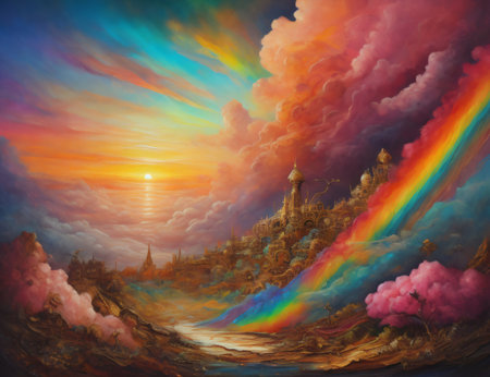 surreal sunset or sunrise scene showcasing a unique blend of colors and textures, connected to the realm of landscape art, creativity, and imagination. Created with generative AI toolsの素材