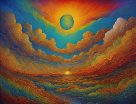 surreal sunset or sunrise scene showcasing a unique blend of colors and textures, connected to the realm of landscape art, creativity, and imagination. Created with generative AI toolsの素材