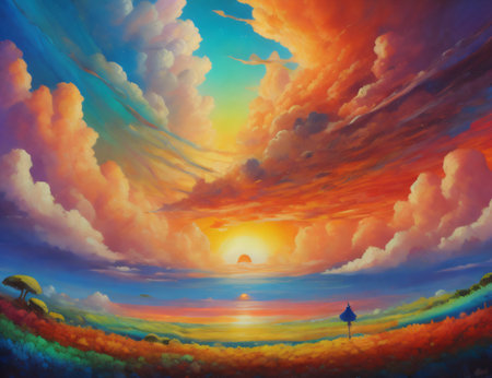 surreal sunset or sunrise scene showcasing a unique blend of colors and textures, connected to the realm of landscape art, creativity, and imagination. Created with generative AI toolsの素材