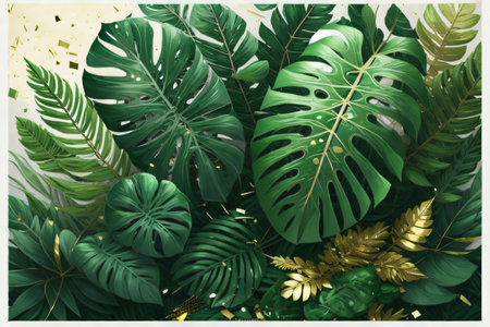 Picture featuring a bush of tropical green foliage plants such as Monstera, fern, and Eucalyptus leaves, highlighted with gold glitter particles. Created with generative AI toolsの素材