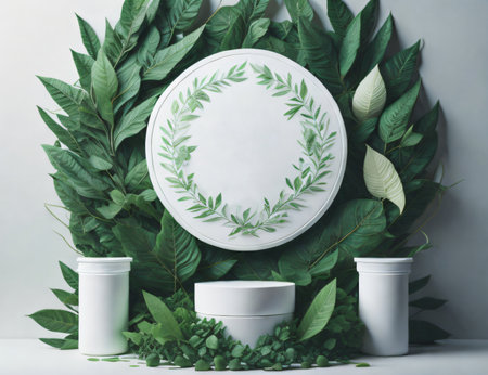An image of a circular white podium template mockup, framed by green foliage, suitable for natural organic cosmetic product advertisements. Created with generative AI toolsの素材
