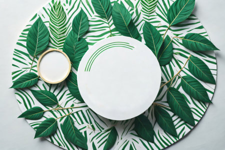 Detailed picture of a white template mockup surrounded by green leaves, perfect for organic product presentation, against a trendy, minimalist flat lay background. Created with generative AI toolsの素材