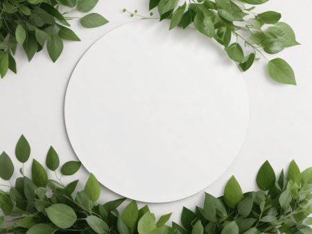 An image featuring a template mockup, ideal for organic product advertisement, surrounded by green leaves against a trendy minimalist flat lay background. Created with generative AI toolsの素材