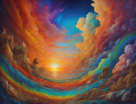 Visual depiction of an abstract arrangement of colors and textures inspired by surreal sunsets or sunrises, related to creativity, art, and landscape painting. Created with generative AI toolsの素材