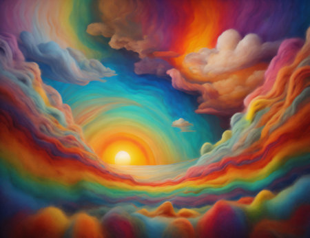 Visual depiction of an abstract arrangement of colors and textures inspired by surreal sunsets or sunrises, related to creativity, art, and landscape painting. Created with generative AI toolsの素材