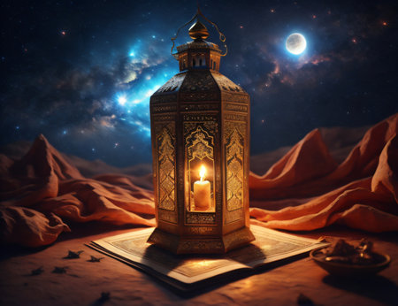 ornamental Arabic lantern with a candle glowing brightly in the night, appropriate for Muslim holy month Ramadan Kareem greeting cards or invitations. Created with generative AI toolsの素材