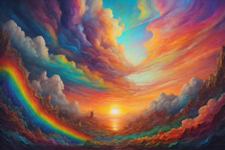 Picture interpreting the surreal essence of sunrise or sunset through an abstract array of colors and textures, indicative of landscape art, creativity, imagination. Created with generative AI toolsの素材