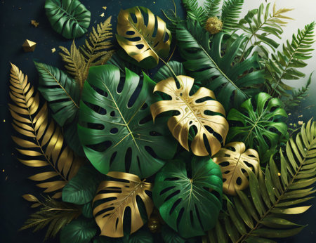 Image displaying a floral arrangement featuring tropical green leaves from Monstera, fern, and Eucalyptus plants, enhanced with gold glitter particles. Created with generative AI toolsの素材
