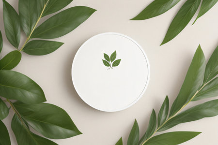 A snapshot of a white template mockup, suitable for organic product presentations, surrounded by green leaves against a contemporary, minimalist flat lay background. Created with generative AI toolsの素材