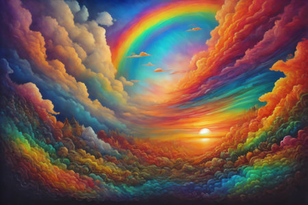 Picture interpreting the surreal essence of sunrise or sunset through an abstract array of colors and textures, indicative of landscape art, creativity, imagination. Created with generative AI toolsの素材