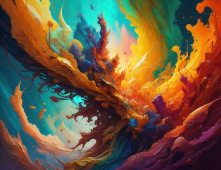 Picture showcasing a fusion of fractal paint and textured elements, suggestive of themes of creative thought, imagination, and art. Created with generative AI toolsの素材