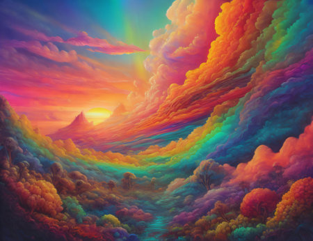 Picture interpreting the surreal essence of sunrise or sunset through an abstract array of colors and textures, indicative of landscape art, creativity, imagination. Created with generative AI toolsの素材