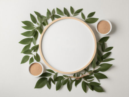 Image capturing a white template mockup with green leaves, ideal for natural product advertisements, set on a stylish minimalist flat lay backdrop. Created with generative AI toolsの素材