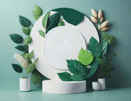 A white, round podium template mockup, decorated with fresh green leaves for showcasing organic cosmetic products. Created with generative AI toolsの素材