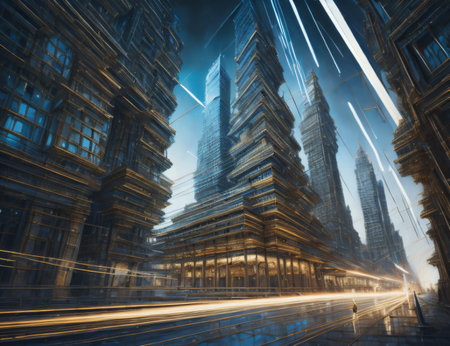 Image portraying a fusion of abstract designs and light trails, representing ideas of dynamism in the field of contemporary tech and business. Created with generative AI toolsの素材