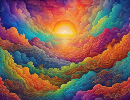 surreal sunset or sunrise scene manifested through an abstract fusion of colors and textures, related to creativity, art, and landscape painting. Created with generative AI toolsの素材
