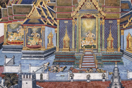 Bangkok, Thailand, December 27, 2018. A traditional Thai mural in one of the temples of Bangkok depicts mythical scenes from the Ramayana.のeditorial素材