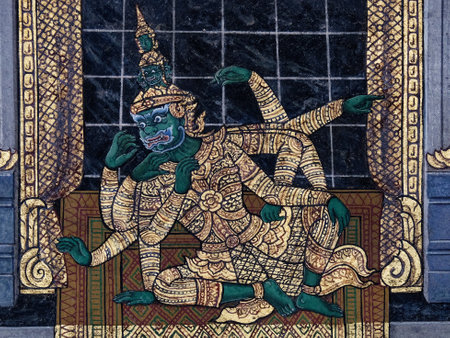 Bangkok, Thailand, December 27, 2018. Adorning the walls of a Bangkok temple, a traditional Thai mural brings to life mythical episodes from the Ramayana.のeditorial素材