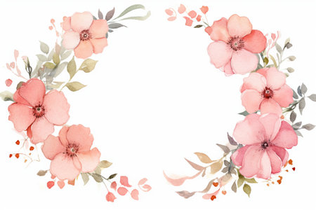 Watercolor Floral Frame, two symmetrical floral wreaths forming a mirror image, composed of vibrant multi colored flowers and leaves on a white background. Created with generative AI toolsの素材