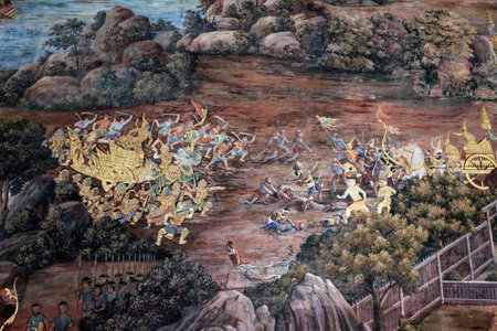 Bangkok, Thailand, December 27, 2018. A traditional Thai mural painting depicting a battle scene. Mythical plots of the ancient Indian epic in the wall painting of a Thai temple.のeditorial素材